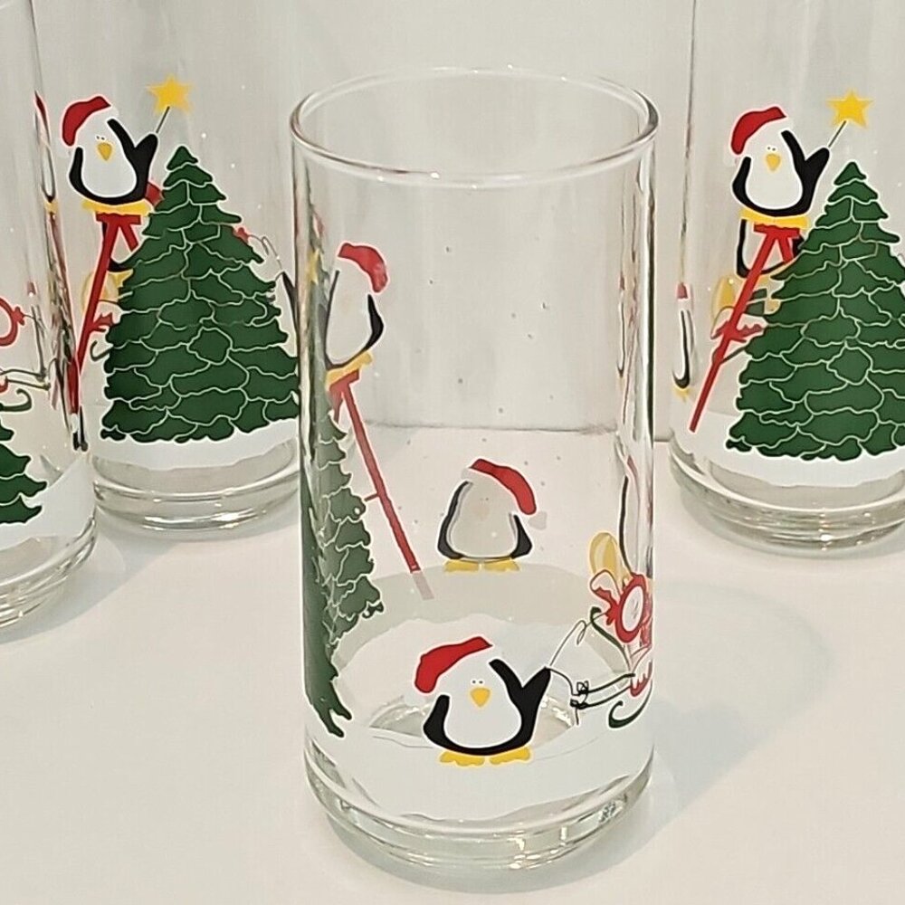 Christmas Tree & Penguins Glass Tumbler 6" holiday Santa hat 14oz set of 4 - Picture 6 of 10